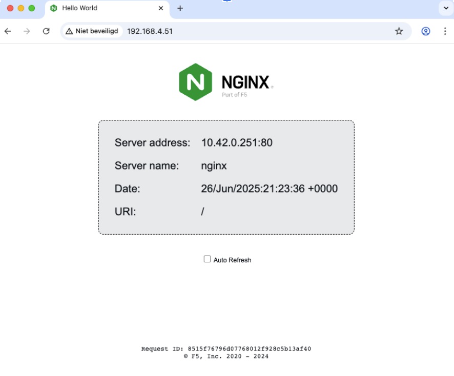 NGINX default web page showing server address and configuration details
