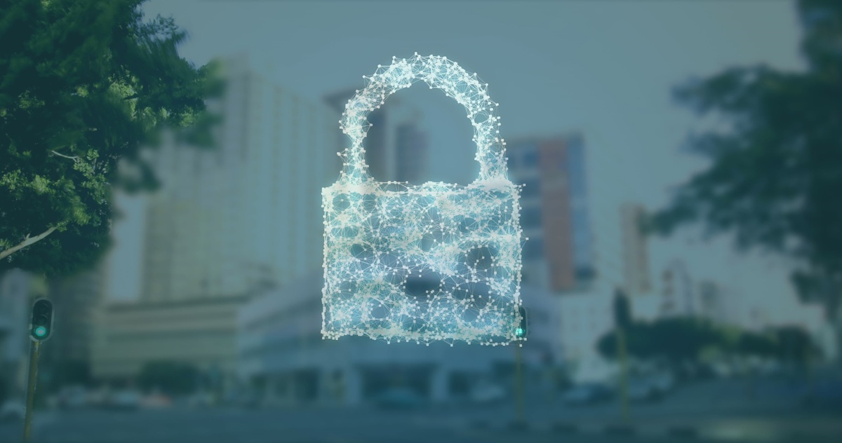 Digital lock formed by network connections with a city in the background