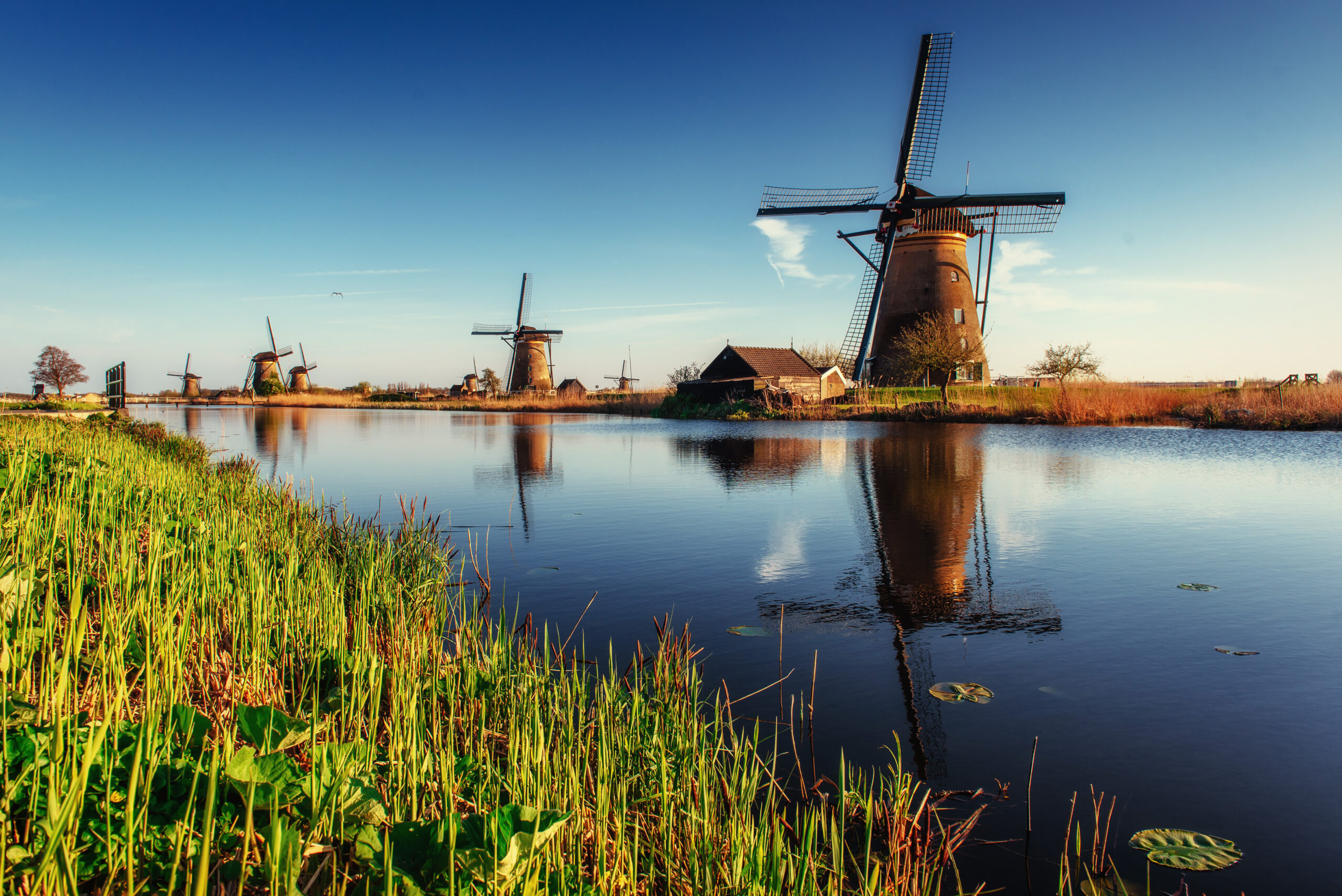 Windmills in the Netherlands near a canal
