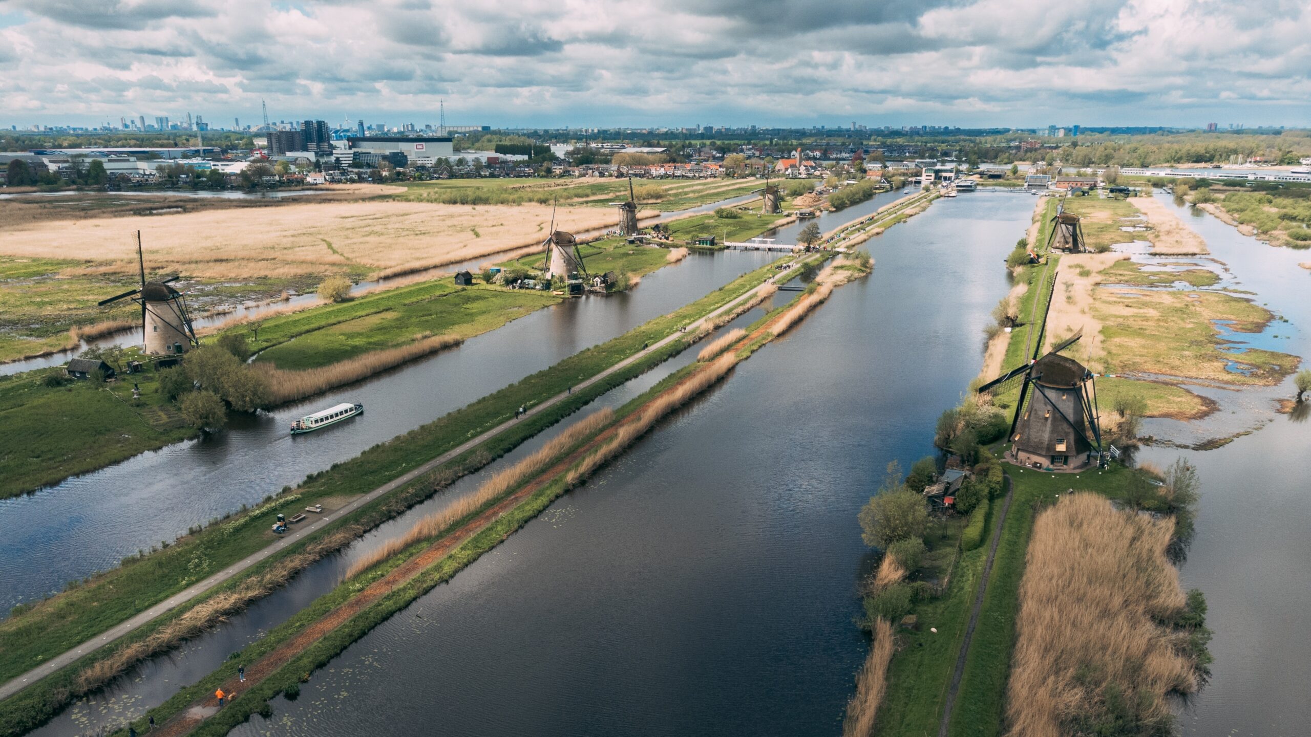 Aerial view of Kinderdijk with canals and windmills