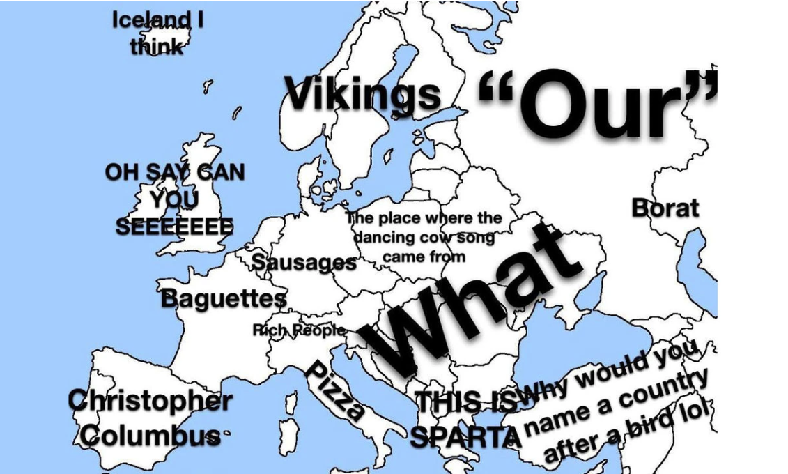 Humorous illustrated map of Europe with exaggerated and stereotypical labels for different countries
